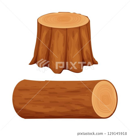 Tree wood stump and cut log isolated on white background in cartoon style stock vector illustration. Detailed and textured objects, set carpentry, lumberjack elements 129145918