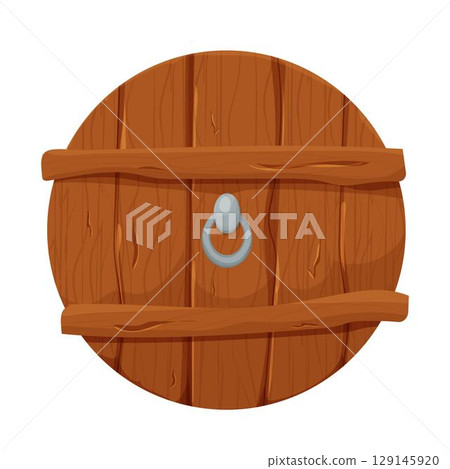 Wooden door in cartoon style, comic isolated on white background. Fantasy entrance, outdoor interior, mediaeval or fairy element. Ui game assets. Wooden door in cartoon style, comic isolated on white background. Fantasy entrance, outdoor interior, mediaeval or fairy element. Ui game assets. 129145920