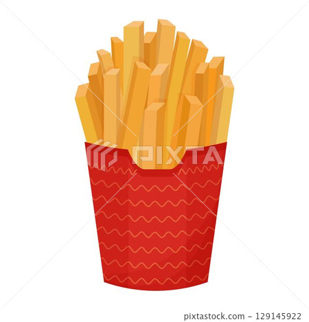 A pile of french fries, full red paper pack, isolated fast food on white background. Delicious, colorful snack, object. A pile of french fries, full red paper pack, isolated fast food on white background. Delicious, colorful snack, object. 129145922