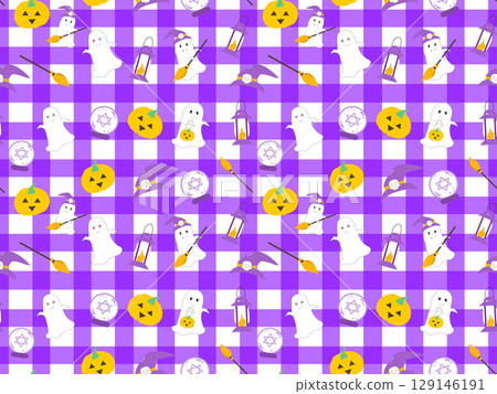 Cute Halloween Seamless Pattern with Ghosts, Pumpkins on a Purple Gingham Background Cute Halloween Seamless Pattern with Ghosts, Pumpkins on a Purple Gingham Background 129146191