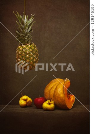 Still life with pineapple, pumpkin, pears and apple Still life with pineapple, pumpkin, pears and apple 129146199