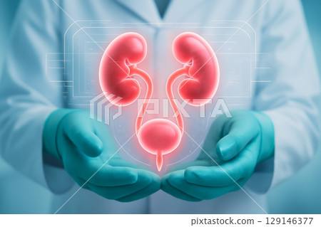 AI generated futuristic medical scene showing a healthcare professional handling a glowing hologram of kidneys, ureters, and bladder. A high-tech digital interface enhances the scientific atmosphere. 129146377