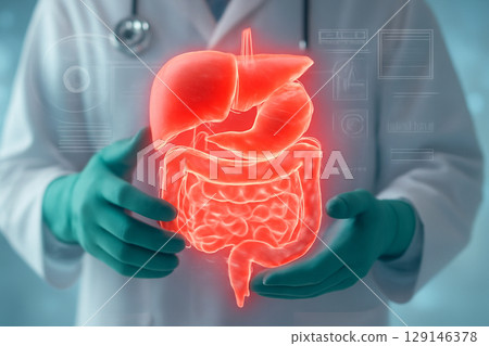 AI generated image showing a doctor in teal gloves cradling a glowing hologram of the human stomach, intestines, and liver. The futuristic, scientific design emphasizes medical care and diagnostics. 129146378