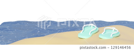 Cute 3D illustration of a pair of mint green flip-flops on a sandy beach by blue sea waves. Perfect for summer, vacation, and travel themes. 129146456