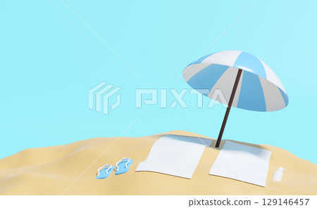 Minimalist 3D beach scene with a blue and white striped umbrella, two towels, flip-flops, and a sunscreen bottle on golden sand under a clear blue sky. Summer vacation and relaxation concept. 129146457