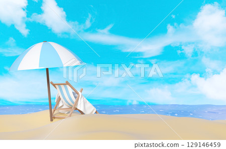 3D render of a serene beach scene with a blue and white striped umbrella and deck chair on a sandy beach. Calm blue ocean and cloudy sky provide a relaxing summer vacation background. 129146459