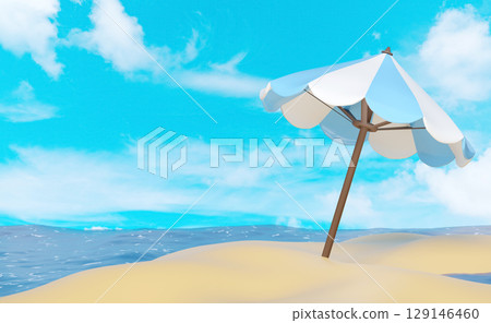 A stylized summer beach scene featuring a blue and white striped beach umbrella on golden sand, with calm blue ocean waves and a bright sky with white clouds in the background. Ideal for copy space. A stylized summer beach scene featuring a blue and white striped beach umbrella on golden sand, with calm blue ocean waves and a bright sky with white clouds in the background. Ideal for copy space. 129146460