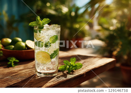 Fresh lemonade with mint and ice on wooden table 129146738