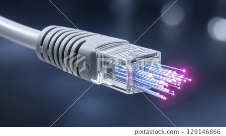 AI Quantum Development concept, Futuristic fiber optic cable with glowing fibers in a dark background. 129146866