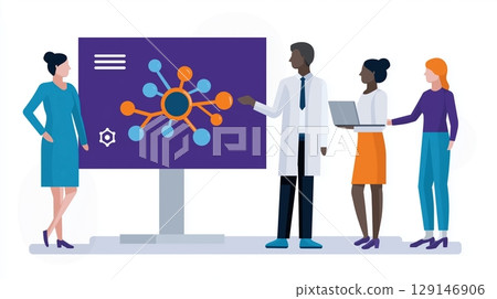 Team collaborating on data visualization and analysis presentation. 129146906