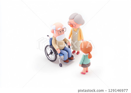 Illustration of a wheelchair and a caregiver (anime style) 129146977