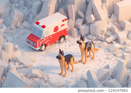A German Shepherd rescue dog and a pile of rubble (animated style) 129147065