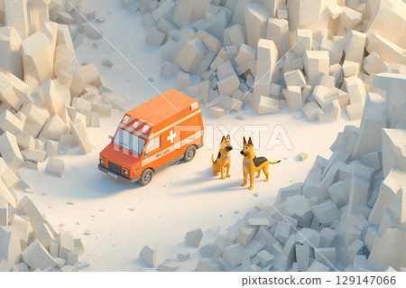 A German Shepherd rescue dog and a pile of rubble (animated style) 129147066