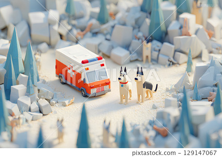 一隻德國牧羊犬救援犬和一堆瓦礫（動畫風格） 129147067