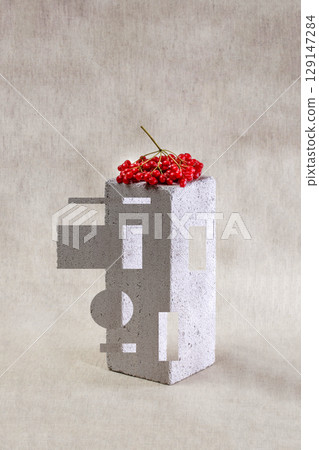 Still life with a bunch of red viburnum on a white brick Still life with a bunch of red viburnum on a white brick 129147284