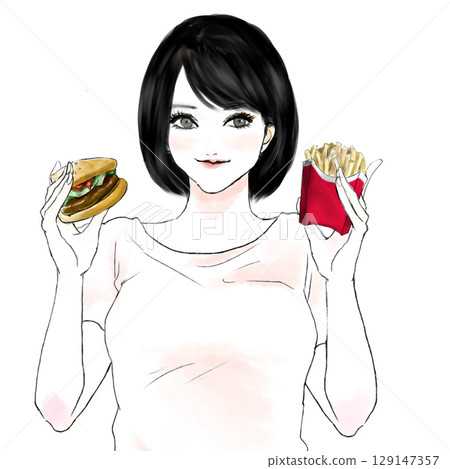 一個女人用漢堡包 129147357