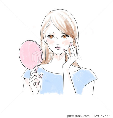 一個女人看著鏡子困擾著 一個女人看著鏡子困擾著 129147358