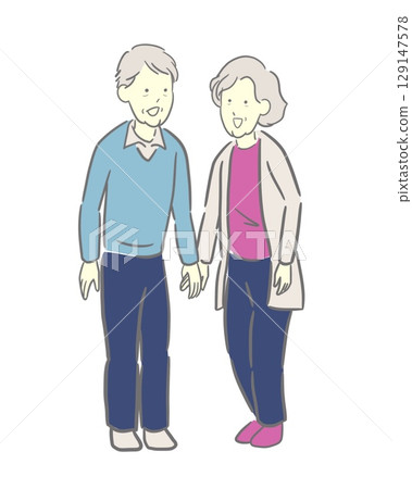 Colored illustration of happy senior men and women smiling and holding hands 129147578