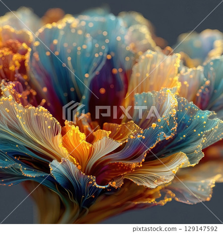 Vibrant flower bloom showcasing intricate petals with shimmering colors in an ultra photography style Vibrant flower bloom showcasing intricate petals with shimmering colors in an ultra photography style 129147592