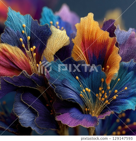 Vibrant floral arrangements showcasing intricate details and rich colors in a modern, artistic setting 129147593