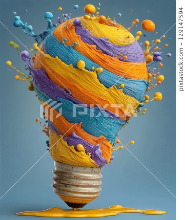 Colorful light bulb splashing vibrant paint in abstract artwork 129147594