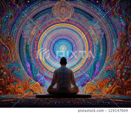 Meditative journey into vibrant geometric patterns and colors during a serene evening in a tranquil setting 129147604