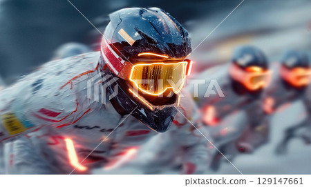 Intense winter racing competition captures athletes battling snowy conditions in high-speed action 129147661