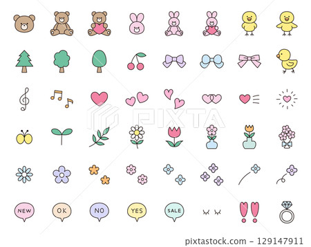Vector illustration of a cute icon set. Ornament, heart, bear, rabbit, chick, ribbon 129147911