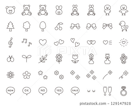 Vector illustration of a cute icon set. Ornament, heart, bear, rabbit, chick, ribbon 129147928
