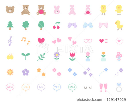 Vector illustration of a cute icon set. Ornament, heart, bear, rabbit, chick, ribbon Vector illustration of a cute icon set. Ornament, heart, bear, rabbit, chick, ribbon 129147929
