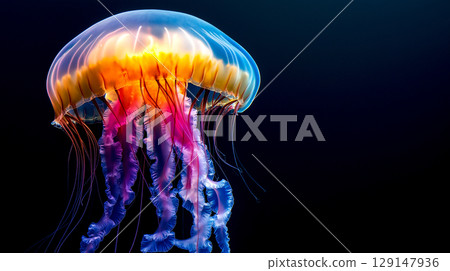 Beautiful illuminated jellyfish swim deep on black background. Medusa neon jellyfish fantasy in space underwater purple and orange color Sea life concept Beautiful illuminated jellyfish swim deep on black background. Medusa neon jellyfish fantasy in space underwater purple and orange color Sea life concept 129147936