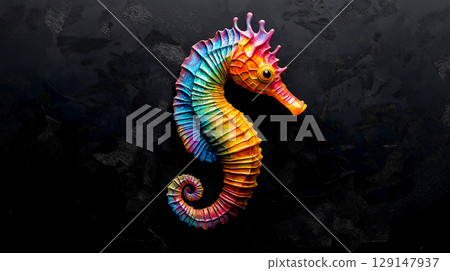 colorful seahorse floating on black background 129147937