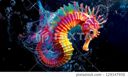 colorful seahorse floating in the water on black background 129147938