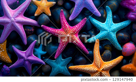 Colorful Starfish collection on dark stone background. Natural abstract nature composition of endangered species. Flat lay, top view sea life concept 129147940