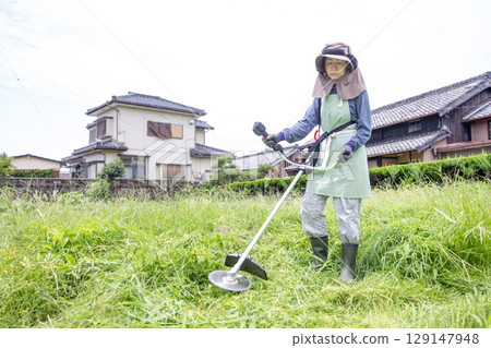 Weeding with a lawnmower, working Japanese woman, farmer 129147948