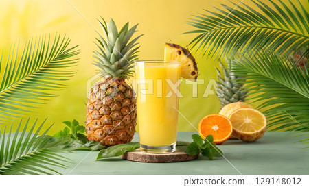 Enjoy refreshing tropical juice with pineapple and citrus in vibrant setting Enjoy refreshing tropical juice with pineapple and citrus in vibrant setting 129148012