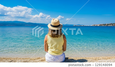 A woman from behind and the blue sea Travel and refreshment 129148094