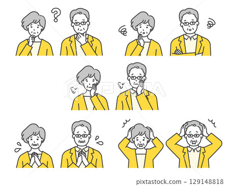 憂心忡忡的老年男女的簡單上半身圖像。負面情緒表達插圖素材集。困惑、焦慮、壓力圖表。 129148818