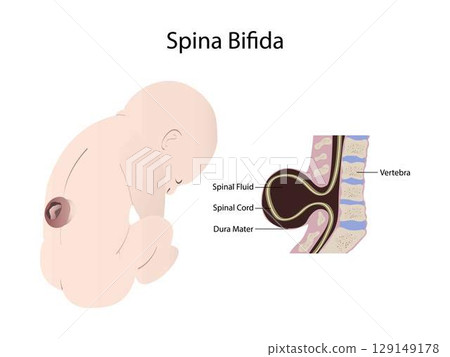 illustration of biology and medical, Illustration of a child with spina bifida, Spina bifida is when a baby's spine and spinal cord 129149178