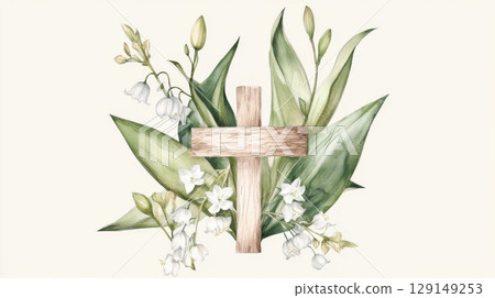 Chrismation symbol with lily of the valley and wooden cross, religious concept Chrismation symbol with lily of the valley and wooden cross, religious concept 129149253