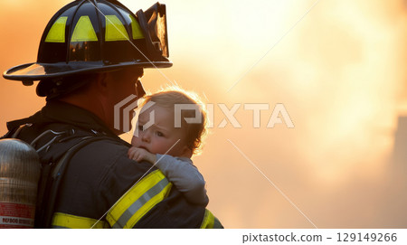 Firefighter holding a young child with compassion Firefighter holding a young child with compassion 129149266