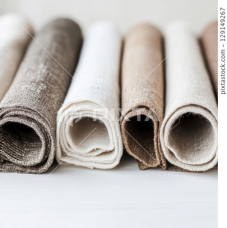 Rolls of linen fabric in various neutral tones arranged on table, background Rolls of linen fabric in various neutral tones arranged on table, background 129149267