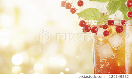 Refreshing iced tea with raspberries, lemon slices, mint leaves, and ice cubes 129149282