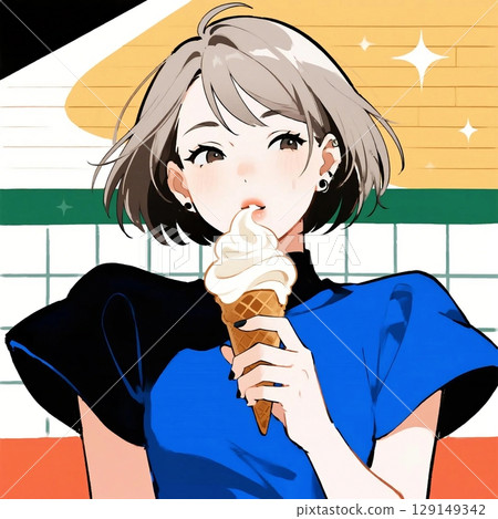 Lifestyle illustration of a sparkling woman eating soft serve ice cream Lifestyle illustration of a sparkling woman eating soft serve ice cream 129149342