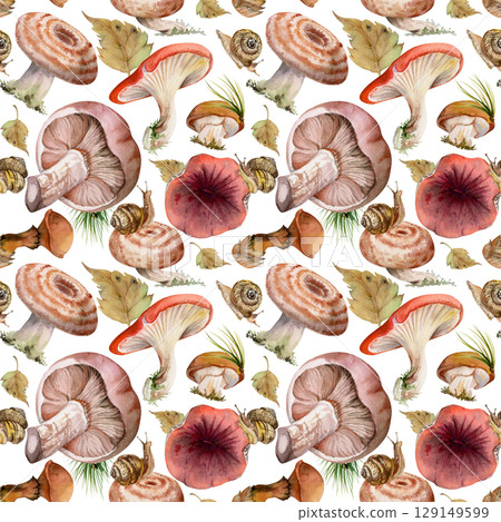 Bolete cep russula suillus mushroom fungi with snails autumn leaves pine needles, forest harvest. Seamless pattern hand drawn in watercolor. Linens tablecloth gift wrapping paper canvas, backgrounds Bolete cep russula suillus mushroom fungi with snails autumn leaves pine needles, forest harvest. Seamless pattern hand drawn in watercolor. Linens tablecloth gift wrapping paper canvas, backgrounds 129149599