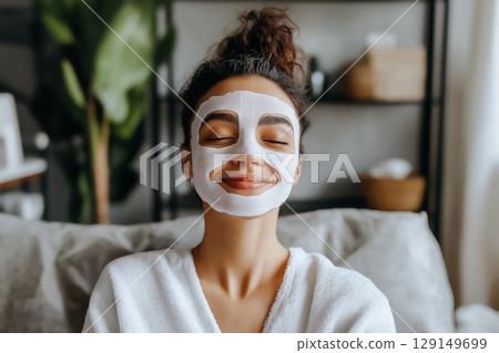 A studio shot of a woman wearing a sheet mask, smiling softly, photostock style A studio shot of a woman wearing a sheet mask, smiling softly, photostock style 129149699