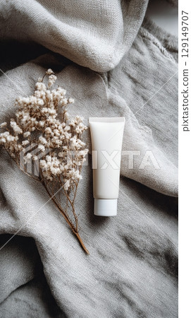 Cosmetic Tube Mockup with Natural Fabric 129149707