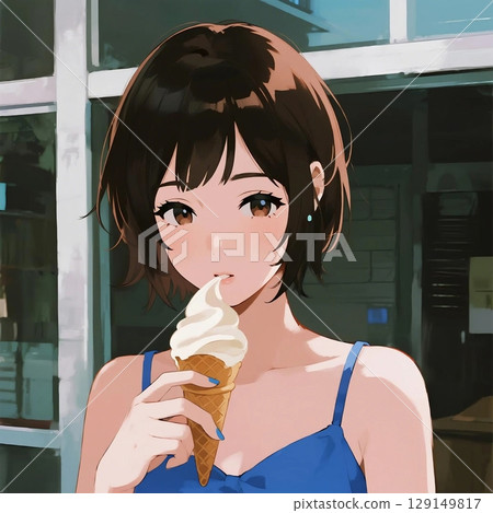 Illustration of a neat woman eating soft serve ice cream 129149817