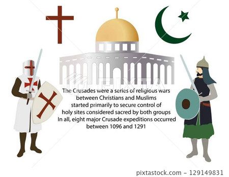 illustration of religion and history, Crusades were a series of religious wars between Christians and Muslims started primarily to secure control of holy sites, Christian Holy War illustration of religion and history, Crusades were a series of religious wars between Christians and Muslims started primarily to secure control of holy sites, Christian Holy War 129149831