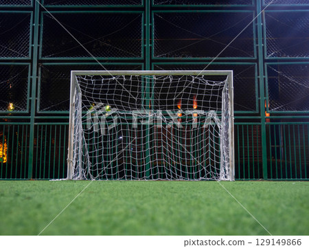Mini football game concept. Mini football field in the park. infrastructure for sports fans.   Football goal net 129149866